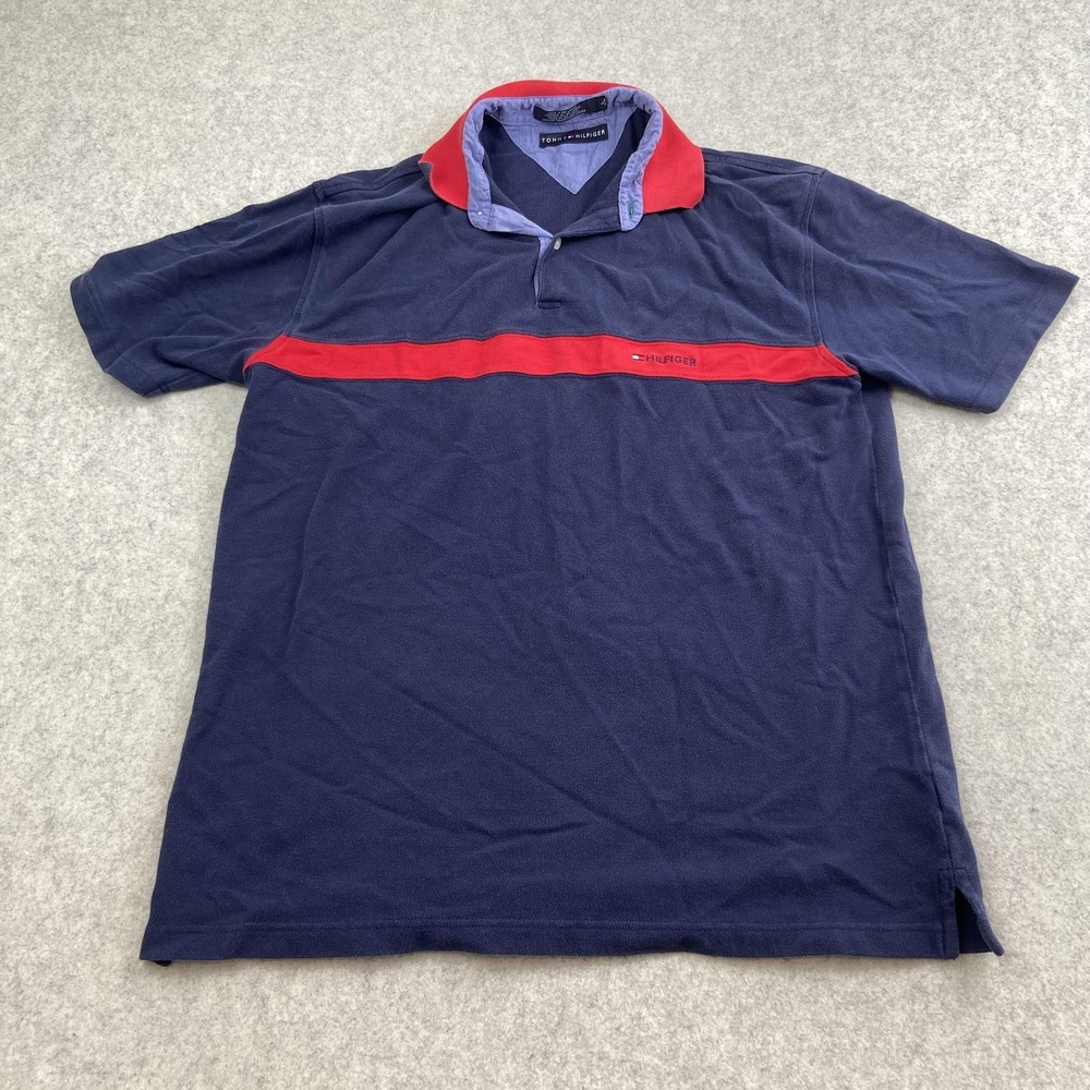 Tommy Hilfiger Polo Shirt Mens Large Blue Colorblock Rugby Style Logo Casual